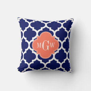 Coussin Navy Wht Marocain #5 Corail 3 Initial Monogramme