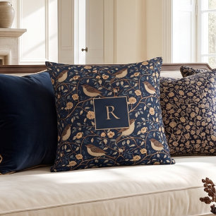 Coussin Navy William Morris Vintage Monogramme Florale Ois