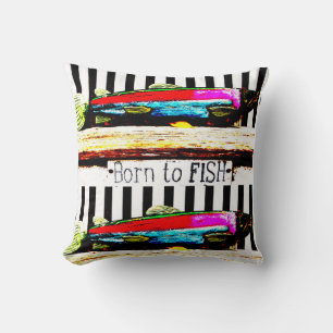 Coussin Né pour pêcher, motif coloré de pêcheur