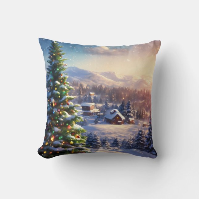 Coussin Neige décorative Bleu & Blanc Neige Joyeux Noël (Recto)