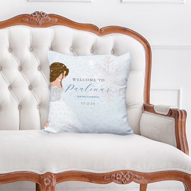 Coussin Neige d'hiver 15e anniversaire Quinceañera bleu (Créateur téléchargé)