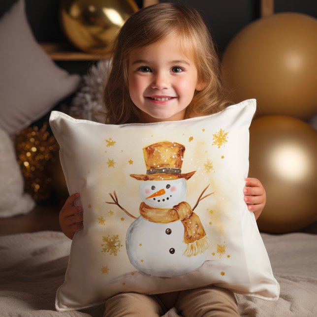 Coussin Neige hiver neige Or Blanc (Gold and white snowman Christmas pillow)