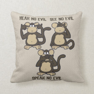 Coussin N'entendez pas de caricature de singes malfaisants