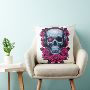 Coussin Neon Cyber-mort crâne et Rose blanc