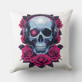 Coussin Neon Cyber-mort crâne et Rose blanc (Verso)