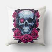 Coussin Neon Cyber-mort crâne et Rose blanc (Recto)