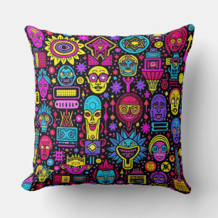 Coussin Neon Doodle Faces - Motif d'art de rue animé
