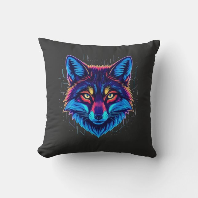 Coussin Neon Fox Face – Vibrant Glowing Design (Recto)