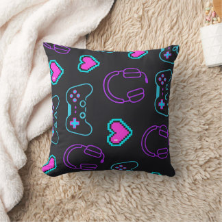 Coussin Neon Gamer Controller and Hearts Pattern