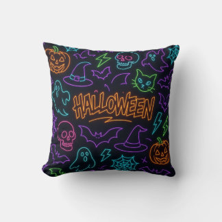 Coussin Neon Halloween Pattern Ghosts Pumpkins Bats