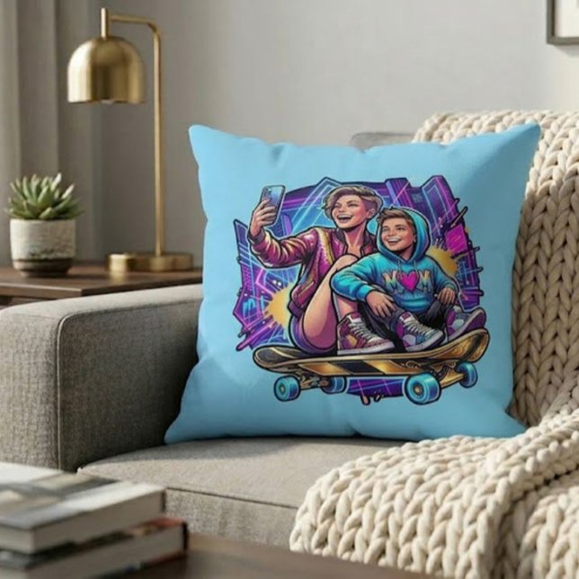 Coussin Neon Mom Son Skateboarding Art Theme Throw Pillow (Créateur téléchargé)