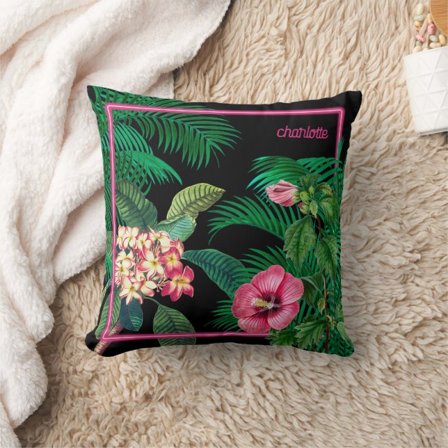 Coussin Neon Pink Tropical Botanical Monogram (Couverture)