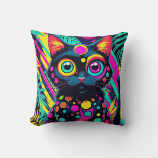Coussin ✨ Neon Psychedelic Cat – Pop Art Design 🎨🐱