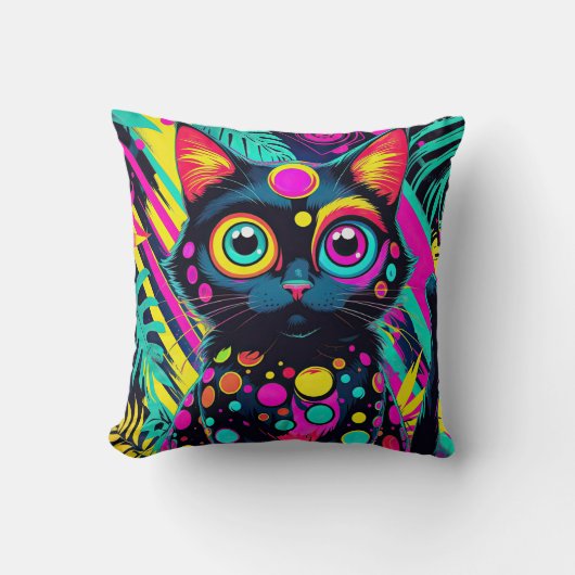 Coussin ✨ Neon Psychedelic Cat – Pop Art Design 🎨🐱 (Recto)