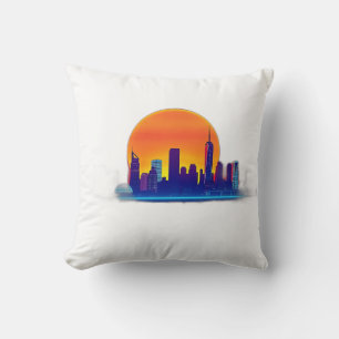 Coussin Neon Sunset Skyline avec brique texture