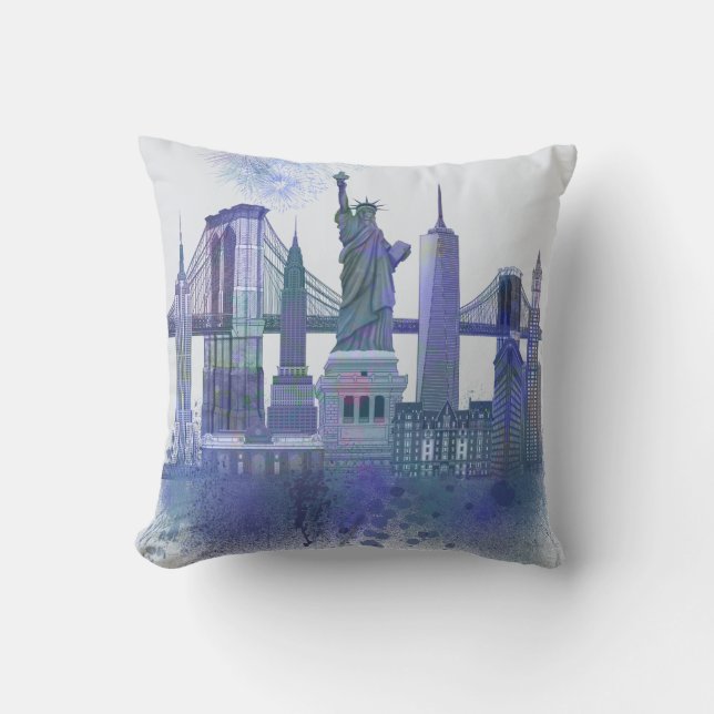 Coussin New York Skyline - Aquarelle bleue (Recto)