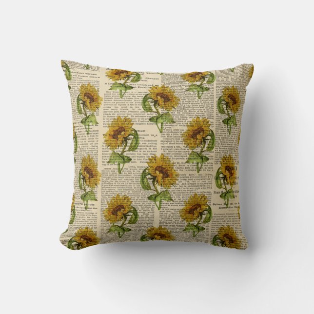 Coussin Newsprint de tournesol vintage (Recto)