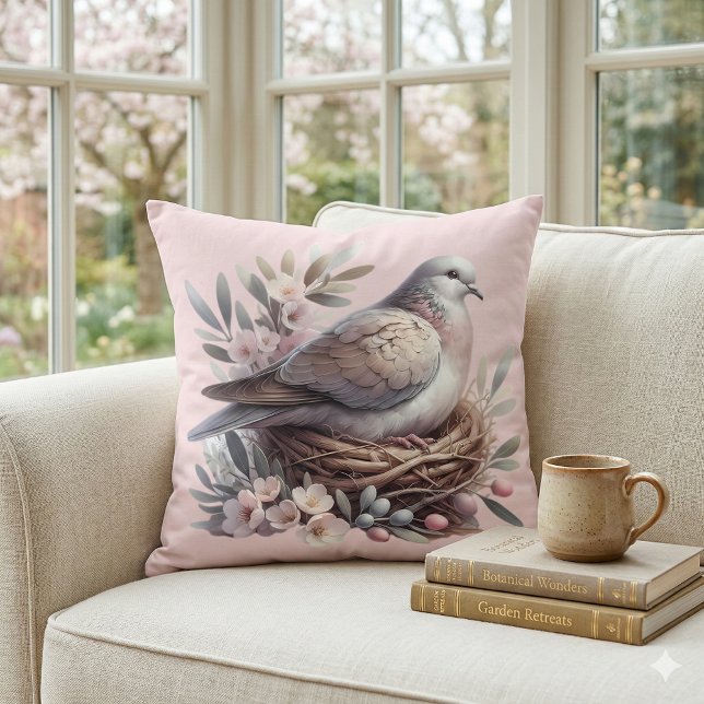 Coussin Nid de colombe rose avec fleurs et branches d'oliv (Blush Dove Nest with Flowers and Olive Branches Throw Pillow Mockup C)