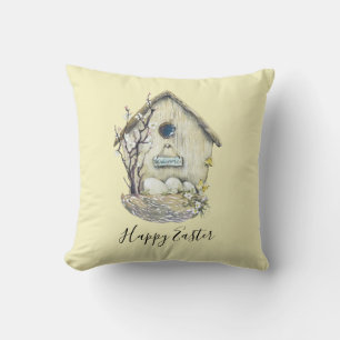 Coussin Nid d'oeufs de maison d'oiseau à l'aquarelle Pâque