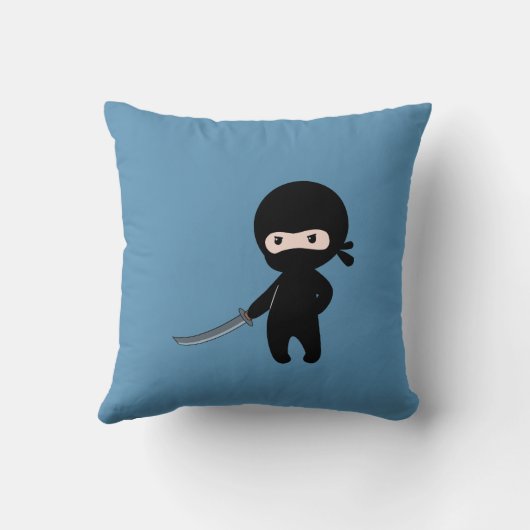 Coussin Ninja minuscule en colère sur bleu (Verso)