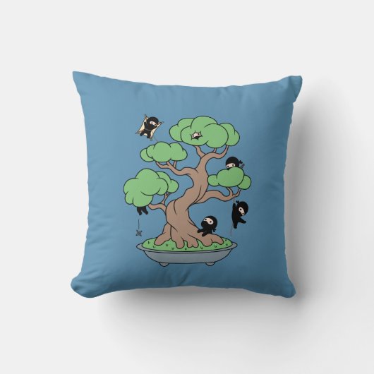 Coussin Ninjas minuscules dans l'arbre Bonsai en bleu (Recto)