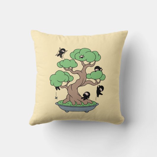 Coussin Ninjas minuscules en bonsaï sur jaune (Verso)