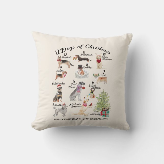 Coussin Noël 12 chiens de décor de vacances de Noël (Recto)
