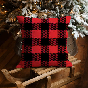 Coussin Noël à carreaux buffle rouge noir gras