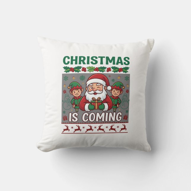 Coussin Noël arrive Père Noël Elfes Rennes (Recto)
