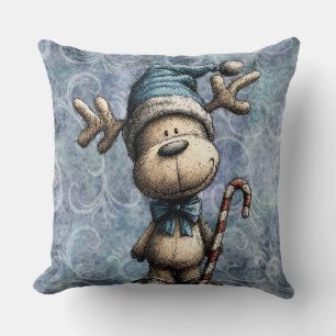 Coussin Noël Bleu Hiver Mignon Renne Avec Chapeau