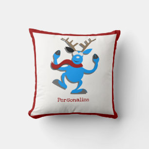 Coussin Noel Bleu Reindeer Bordure Rouge Personnaliser