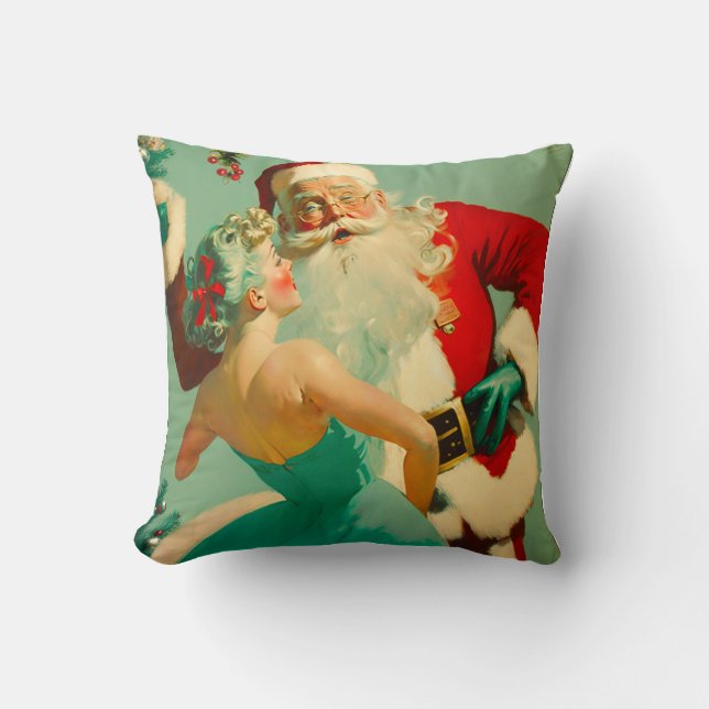 Coussin Noël bleu vintage "Baiser le Père Noël" (Recto)
