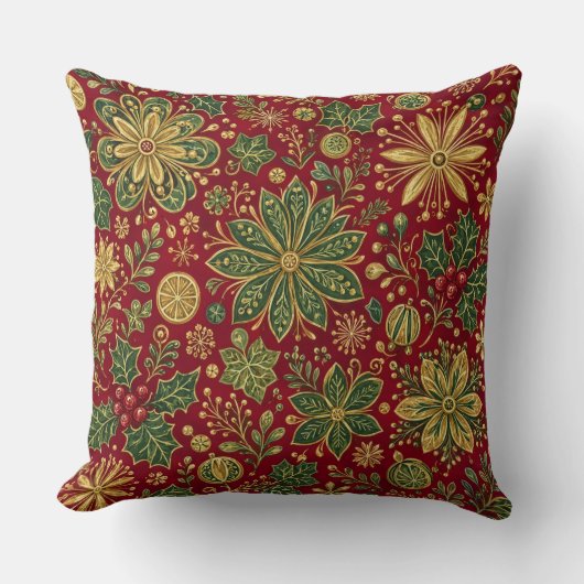 Coussin Noël Botanique Vert Doré Vintage (Recto)