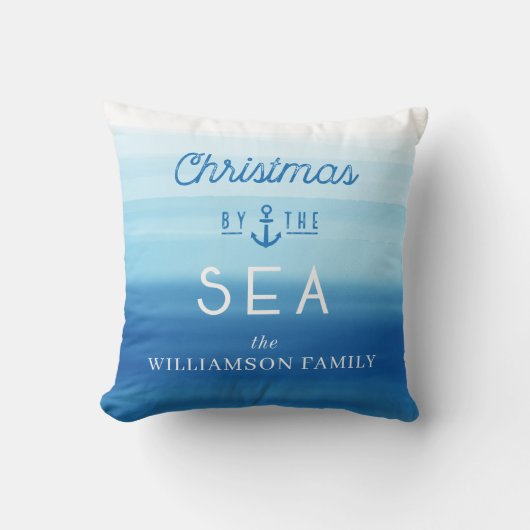 Coussin Noël by the Sea Coast Blue Ombre Typographic (Recto)