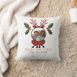 Coussin Noël Carreaux Renne avec Photo Personnalisée