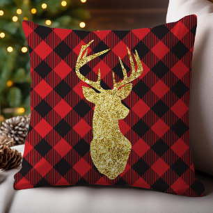 Coussin Noël Cerf Doré et Carreaux de Buffalo