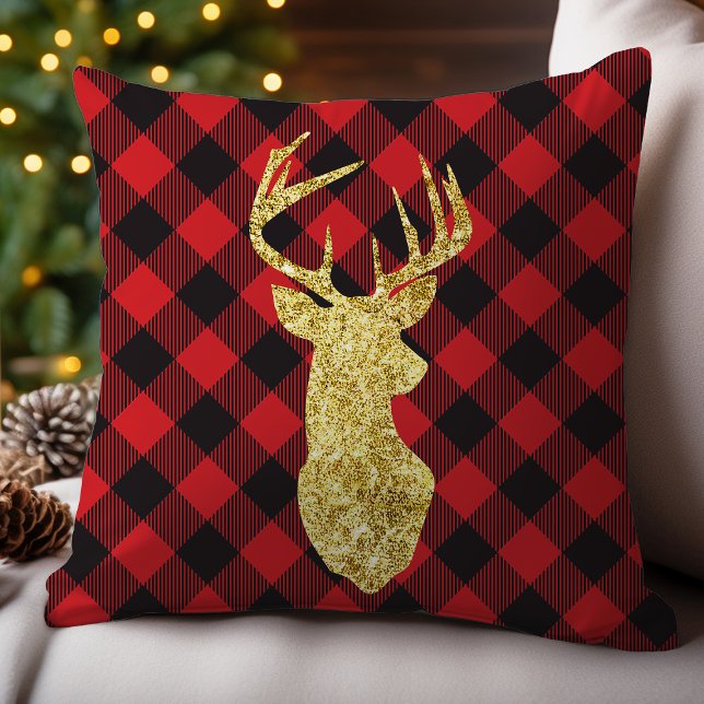 Coussin Noël Cerf Doré et Carreaux de Buffalo (Créateur téléchargé)