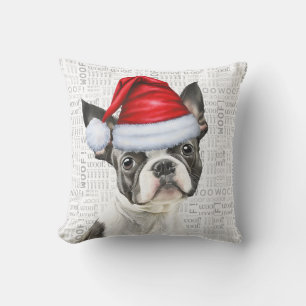 Coussin Noël d'aquarelle de chien de Boston Terrier