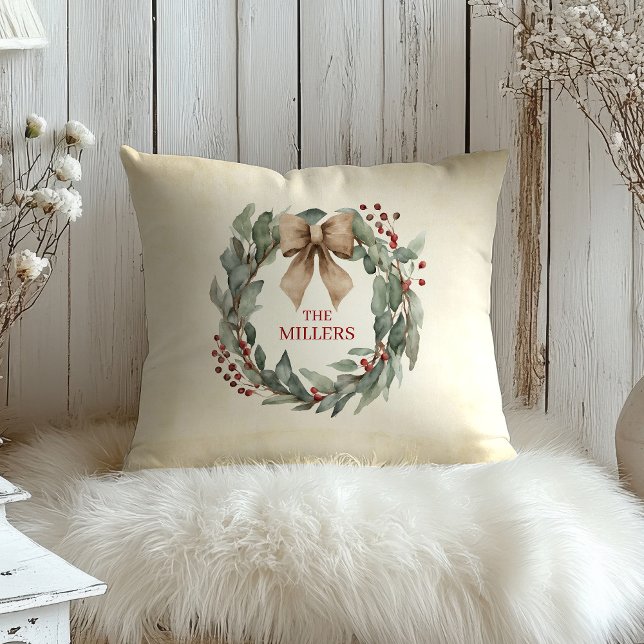 Coussin Noël de la chemise d'aquarelle (Watercolor Eucalyptus Christmas Wreath Custom Pillow)