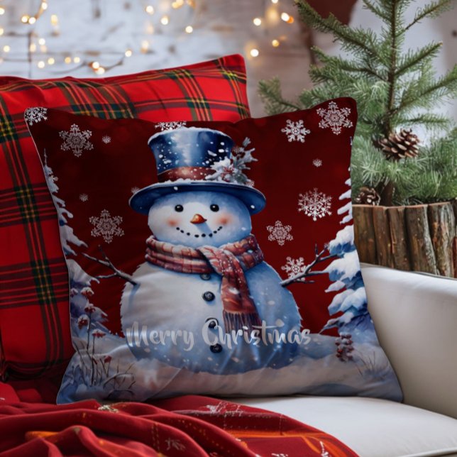 Coussin Noël de la forêt d'hiver | Red (Red Winter Forest Snowman Christmas Throw Pillow)