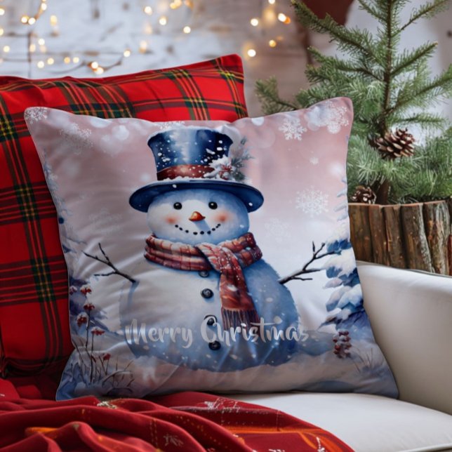 Coussin Noël de la forêt d'hiver | Rose (Pink Winter Forest Snowman Christmas Throw Pillow)