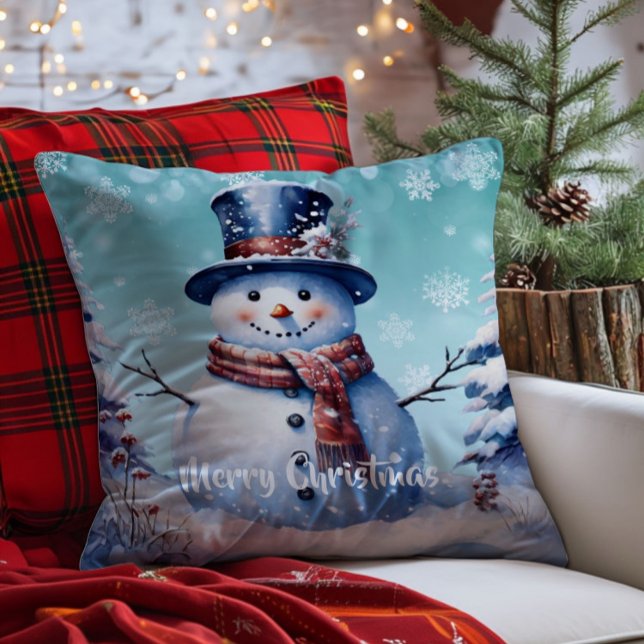 Coussin Noël de la forêt d'hiver | Sarcelle (Teal Winter Forest Snowman Christmas Throw Pillow)