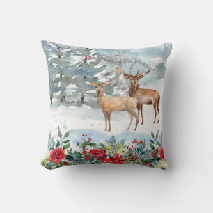 Coussin Noël de l'aquarelle de cerfs de bois
