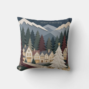 Coussin Noël découpé en papier en couches, village alpin e