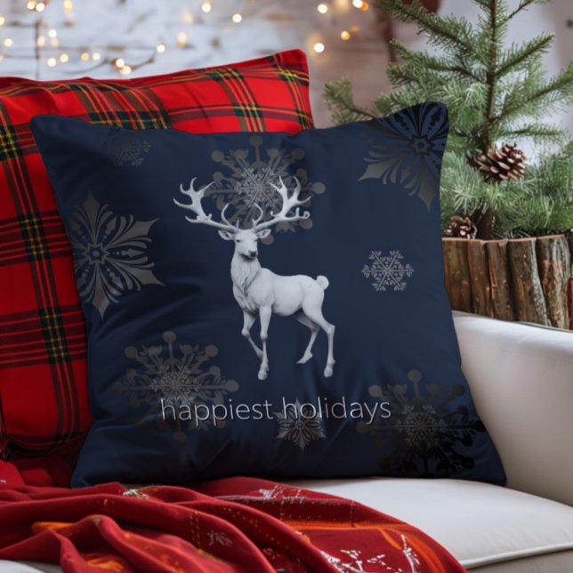 Coussin Noël des rennes d'ivoire | Bleu (Blue Ivory Reindeer Christmas Throw Pillow)