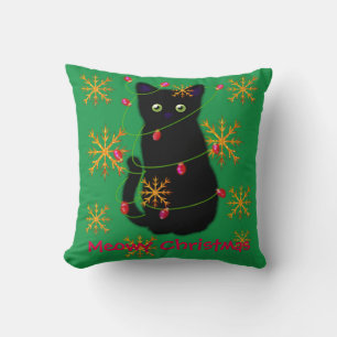 Coussin Noël du chat Meowy   flocons d'or mousseux