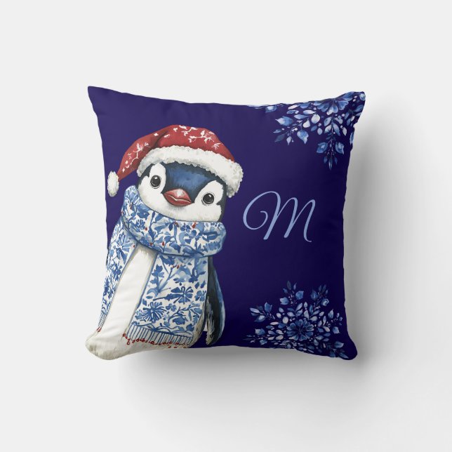 Coussin Noël du manchot de monogramme bleu (Recto)