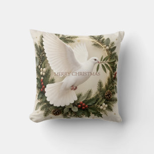 Coussin Noël Élégant Colombe avec Étoiles, Houx Evergreen