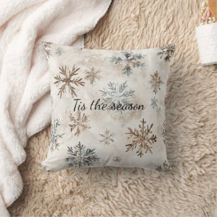 Coussin Noël Flocons de Neige Crème Bleu Marron