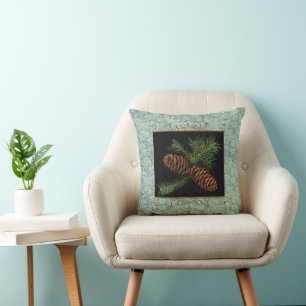 Coussin Noël Green Damassé et Pins